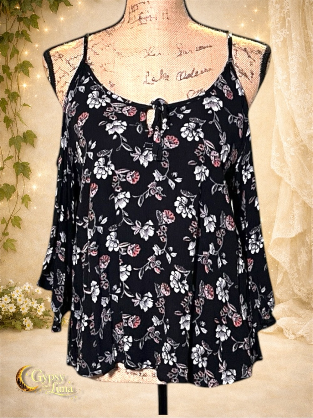 Hollister Floral Cold Shoulder Blouse, M, Black Top
